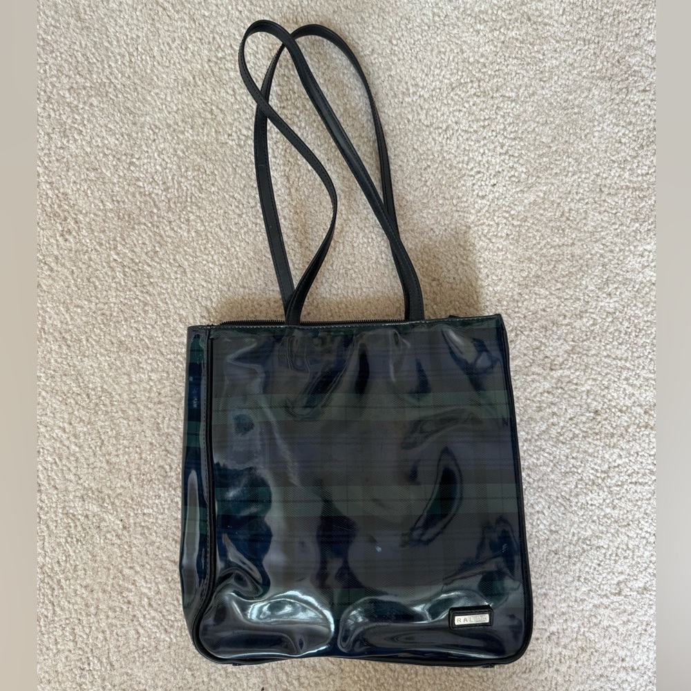 Vintage Ralph Lauren Black and Dark Green Glossy Plaid Tote